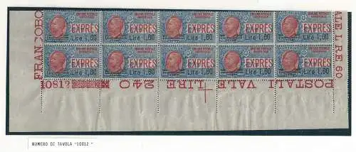 1924 Italien - Königreich, Express Nr. 10 MNH / ** BLOCK VON 10 MIT TABELLENNUMMER