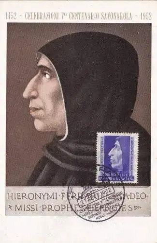 1952 Savonarola,n. 696 Maximum Postkarte mit Sonderstempel