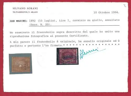 1892 SAN MARINO, Nr. 20 LIRA ROSSA GEBRAUCHT Zertifikat Sorani