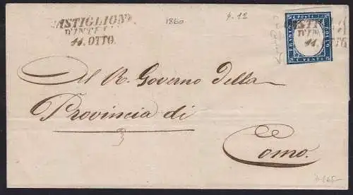 1860 SARDINIEN, 20 Cent. auf Brief mit Annullierung CASTIGLIONE D'INTELVI Punkte 12