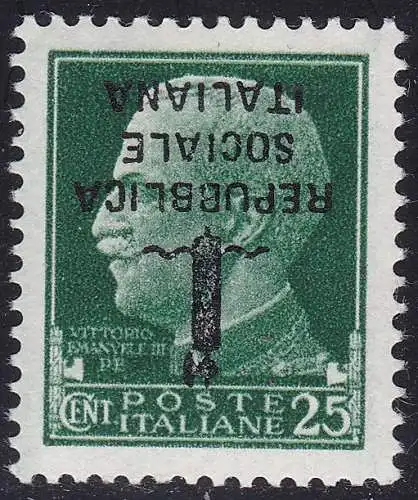 1944 RSI, Nr. 491a 25 Cent. grün MNH/** UMGEDREHTER AUFDRUCK