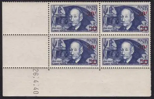 1941 FRANKREICH - Nr. 493 Block von vier - Münzen datiert postfrisch **