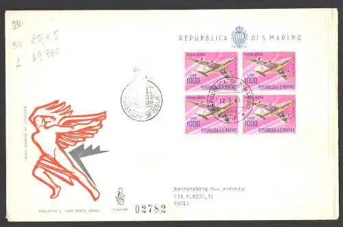 1964 SAN MARINO, Venedig-Umschlag, Luftpost Blatt 1.000 Lire 77/bis SM Einschreiben für Forli