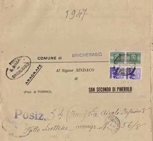 1947 Manuskript mit dem Steuerzeichen 2 Lire paarweise + demokratische Werte