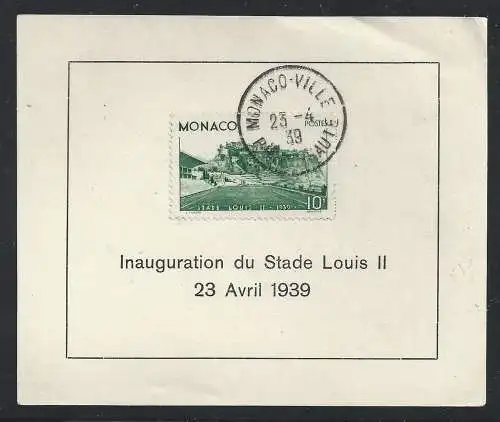 1939 MONACO, Nr. 184 Stadio Louis II. AUF ERSTTAGSKARTON