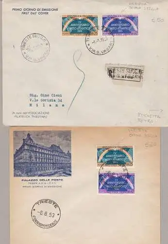 1953 TRIEST A - Nr. 184/185 + 184a/185a auf zwei Ersttagsumschlägen