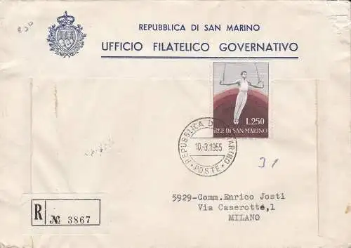 1955 SAN MARINO - Nr. 419 Turnerin 200 Lire auf Ersttagsbeutel