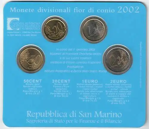 2002 Republik San Marino, 20 Cent, 50 Cent, 1 Euro, 2 Euro - Miniserie