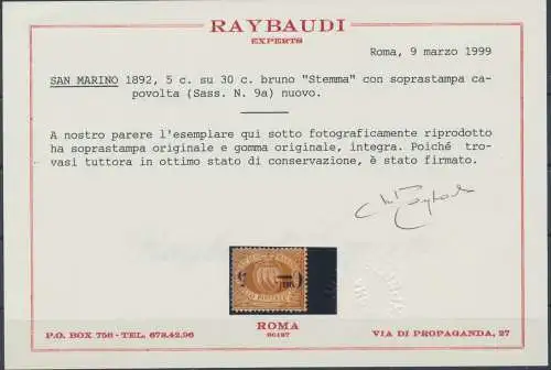1892 SAN MARINO, Nr. 9a,5 Cent auf 30 Cent braun Wappen - Aufdruck umgedreht - Raybaudi Zertifikat - MNH**