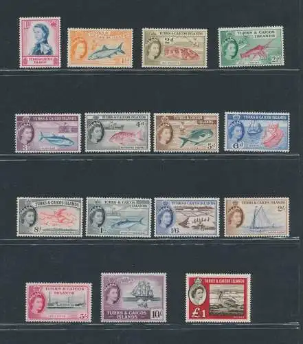 1957 Turks- und Caicosinseln - Stanley Gibbons Nr. 237/50 + 253 - Bildnis von Elisabeth II.,15 Werte postfrisch **