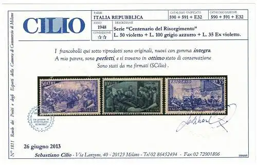 1948 Italien, # 580/591 + E32 Risorgimento 13 Werte postfrisch ** Zertifikat CILIO