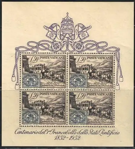 1952 Vatikan, Hundertjahrfeier der ersten Briefmarken, BF 1, MNH **