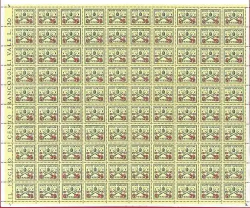 1931 Vatikan, Nr. 14, Gelb, Bogen mit 100 Exemplaren, postfrisch **
