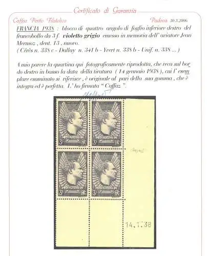 1937 FRANKREICH, 3 FF Violetto Grigio, Aviatore Jean Mermoz # 338b, Coin dateè MNH **