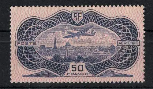 1936 FRANKREICH, Luftpost, Nr. 15, 50 Francs, Burelè, Flugzeug über Paris, MH*