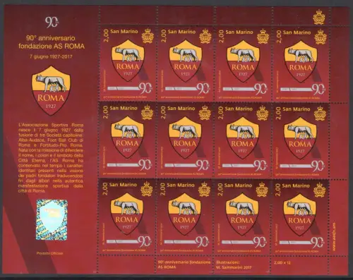 2017 San Marino, Rom - 90 Anniversary - Minifoglio 12 Werte - MNH **