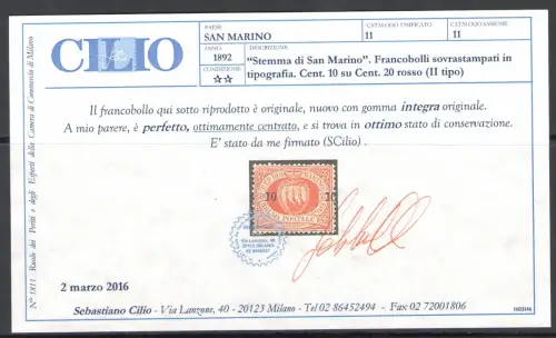 1892 SAN MARINO, Nr. 11 - 10 Cent auf 20 Cent rot - postfrisch **