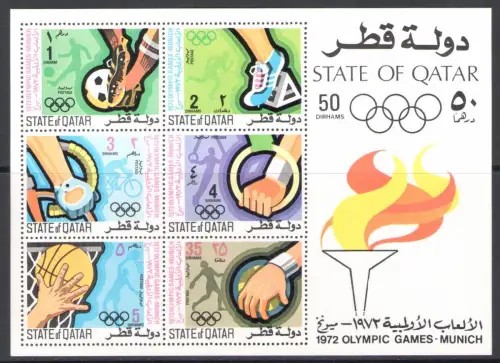 1972 QATAR - SG. MS 423 - Olympische Spiele München - ungezahnter Bogen - postfrisch **