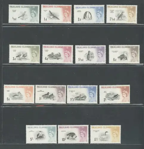 1960-66 FALKLAND ISLANDS - Stanley Gibbons n. 193/207 - Vögel und Bildnis von Elizabeth II. - 15 Werte - postfrisch **