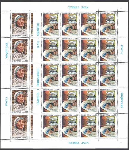 1998 Albanien Mutter Teresa von Kalkutta Gemeinsame Ausgabe - 2 Val in Kleinblättern von 20 MNH **