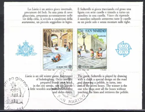 1989 San Marino Europa Kinderspiele Bf 43 gebraucht mit offizieller Annullierung und Erstausgabetag Bf 43