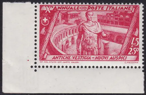 1932 Königreich Italien, zehnjähriger Marsch auf Rom, Nr. 340 5 Lire + 2,50 Karmin MNH/** BLATTECKE mit Zylindernummer