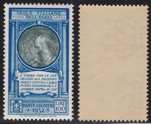 1932 ÄGÄIS, PA 21 Pro Società Dante Alighieri MNH **
