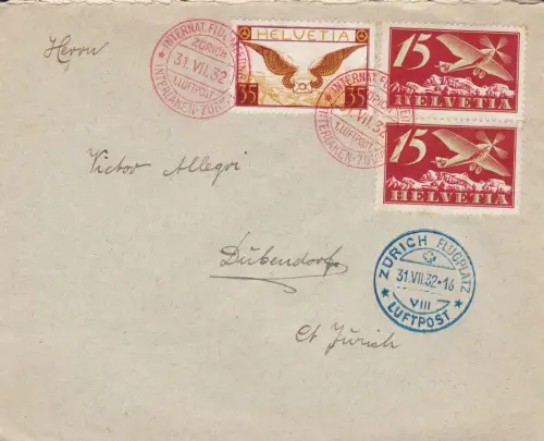 1932 SCHWEIZ, Flug Interlaken-Zürich