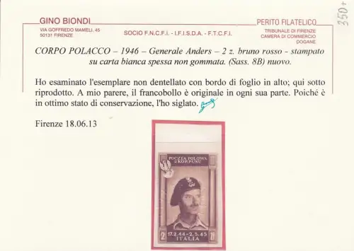 1946 POLNISCHES KORPS Nr. 8B 2 zl. rotbraun NEU OHNE GUMMI Zertifikat Blond