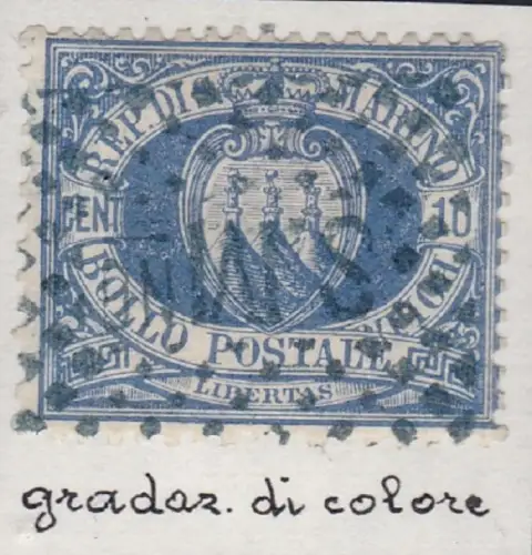 1877 SAN MARINO, Nr. 3 5c. su 10c. GEBRAUCHT SCHÖNE FARBABSTUFUNG