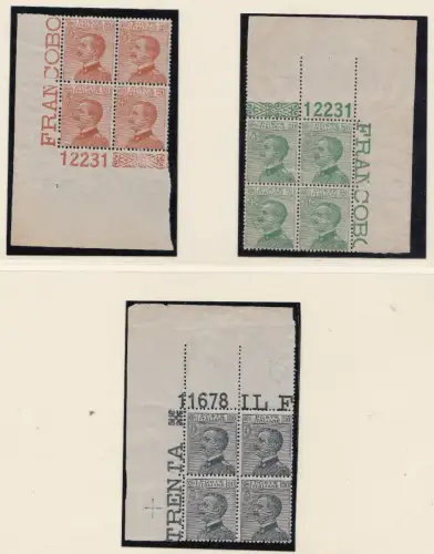 1925 ITALIEN - KÖNIGREICH, Nr. 183/185 Blöcke à 4 MNH/** MIT TISCHNUMMER