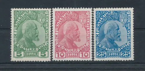 1912 Liechtenstein, n. 1/3, Johannes II., 3 Werte, gestrichenes Papier, postfrisch**