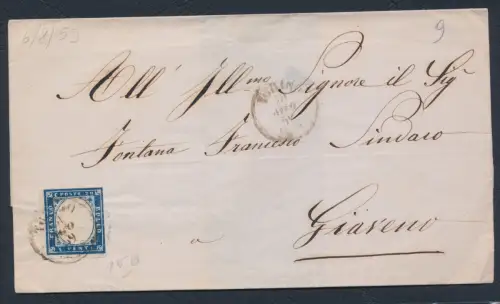 1859 SARDINIEN, 20 Cent Dunkelblau auf Brief von Turin nach Giaveno, gefärbt von 1859 - signiert Chiavarello - 3 breite Ränder (Kopie)