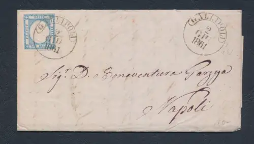 1861 NEAPOLITANISCHE PROVINZ, Nr. 20K, 2 Körnung HELLBLAU, mit Rahmengewinde oben, auf schönem Umschlag, breite Ränder