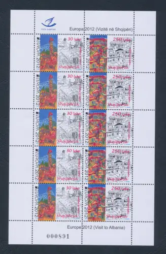 2012 EUROPA CEPT Albanien, 1 Kleinbogen von 5 Serien, Tourismus, postfrisch **
