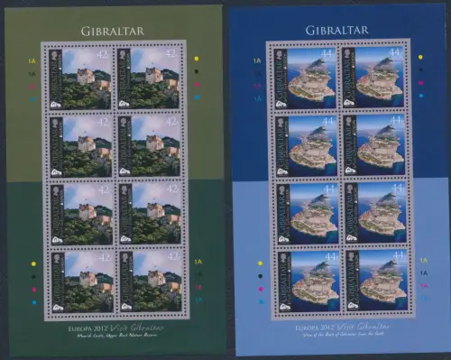 2012 EUROPA CEPT, Gibraltar, 2 Miniblätter von 8 Serien, Tourismus, postfrisch **