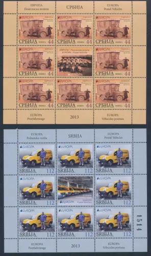 2013 EUROPA CEPT, Serbien, 2 Kleinblätter mit 8 Werten, Postfahrzeuge, postfrisch **