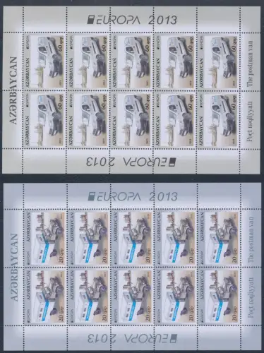 2013 EUROPA CEPT, ASERBAIDSCHAN 2 Kleinblätter mit 10 Werten, Postfahrzeuge, postfrisch **