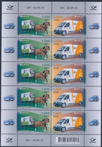 2013 EUROPA CEPT, Estland, 1 Kleinbogen mit 5 Werten paarweise, Postfahrzeuge, postfrisch **