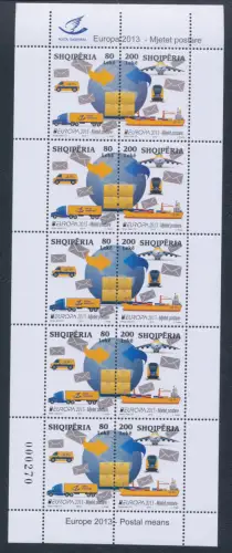 2013 EUROPA CEPT, Albanien, 1 Kleinbogen mit 5 Paaren, Postfahrzeuge, postfrisch **