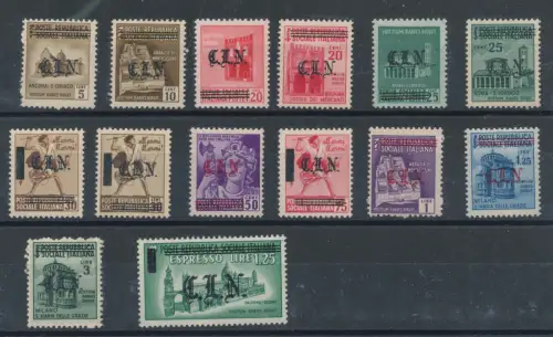 1945 Turin, Ausgaben C.L.N., Aufdrucke C.L.N in Gotik und Barren auf RSI, Nr. 1/13 + Expr 17, MNH ** Raybaudi Zertifikat - RAR