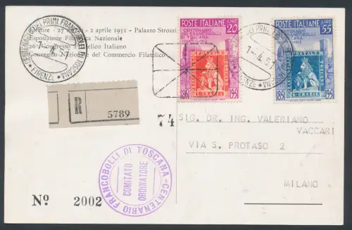 1951 REPUBLIK - 1-04-1951 - Hundertjahrfeier der ersten Briefmarken der Toskana, Gedenkkarte, Einschreiben!!!!