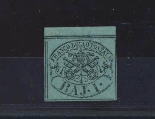 1852 Kirchenstaat, 1 Bajocco hellgrün, Nr. 2a, signiert Bolaffi, MNH** - Falz/Fold oben links