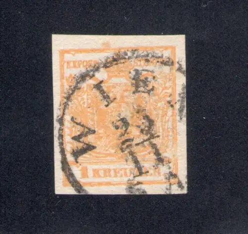 1850-54 Österreich - Kaiserreich, Adler Bizeps, Nr. 1a - 1 orange Kreuzer, signiert/Sign Ferchenbauer - breite Ränder