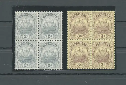 1910-25 BERMUDA, Stanley Gibbons Nr. 47-49 - 2d. grau - 3D. lila - Viererblock - postfrisch**