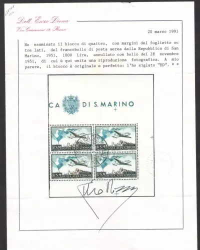 1951 SAN MARINO Luftpost 'Flagge' - Viererblock - 28.11.1951 - Sächsischer Katalog Nr. 99 - Zertifikat Enzo Diena Selten