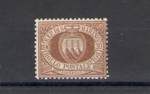 1877 San Marino, Sächsischer Katalog Nr. 6, 30 Cent braun - Diskrete Zentrierung - MNH** - Fotokopie Zertifikat Enzo Diena