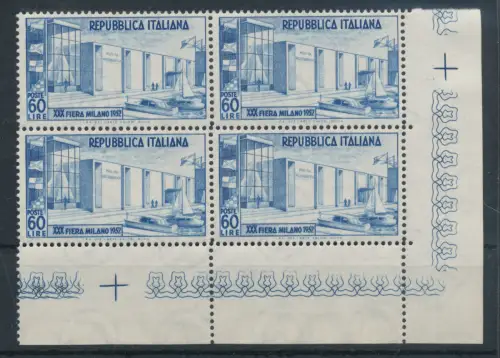 1952 Italien - Republik, 30 Fiera di Milano - 1 Wert, Nr. 685, gute sehr gute Zentrierung, postfrisch ** - Viererblock - Bogenwinkel