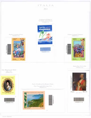 2013 Italienische Republik Barcodes kompletter Jahrgang 60 Werte + 1 Blatt (Weine) auf 14 Seeblättern