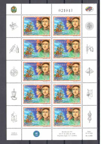 1998 Venezuela Cristoforo Colombo Gemeinsame Ausgabe - Kleinbogen von 10 MNH **